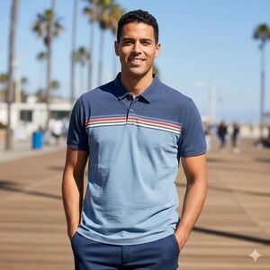 Marine Layer The Air Polo Shirt Mens XL Blue Striped Short Sleeve Casual Golf